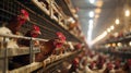 Brown chickens peering out from their confined cages in an industrial egg-laying farm. Poor living conditions in poultry