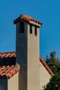 Brown chimney in late afternoon sun with red roof tiles and smoke vents with front or back yard trees in neighborhood