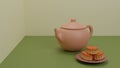 brown Chinese ceramic tea pot with mooncake.Two tone background.Mid Autumn concept.3D rendering illustration