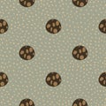 Brown chocolate cookies silhouettes seamless christmas pattern. New year dessert on grey dotted background