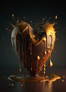 Brown chocolate heart melting. Golden creamy liquid dripping, oozing, splashing from it. Valentine`s day concept. Ai generative