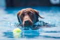 Brown Chocolate Labrador Dog swiming towards a yellow ball Royalty Free Stock Photo