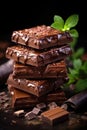 Brown chocolate products on a dark background, careless homemade chocolate bars lie in a heap.