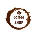 Creative logo for coffee shop with printed lettering and brown coca beans Royalty Free Stock Photo