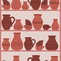 Brown clay kitchenware. Cups and jugs seamless pattern. Ceramic crockery on shelving. Ceramist workshop. Repeated print Royalty Free Stock Photo