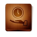 Brown Clock icon isolated on white background. Time symbol. Wooden square button. Vector