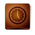 Brown Clock icon isolated on white background. Time symbol. Wooden square button. Vector
