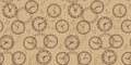 Seamless pattern with brown clocks on a beige background with watch dials and Roman numerals Royalty Free Stock Photo