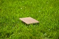 Brown closed notebook on green grass, side view