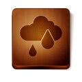 Brown Cloud with rain icon isolated on white background. Rain cloud precipitation with rain drops. Wooden square button