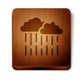 Brown Cloud with rain icon isolated on white background. Rain cloud precipitation with rain drops. Wooden square button