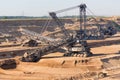 Brown coal open pit landscape with digging excavator in Germany