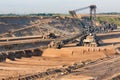 Brown coal open pit landscape with digging excavator in Germany Royalty Free Stock Photo