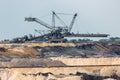 Brown coal open pit landscape with digging machine in Germany