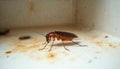 Brown cockroach crawls on dirty surface. Insect pest in kitchen or bathroom. Roach near sink causing infestation problem needs Royalty Free Stock Photo