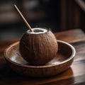 Brown Coconut with a Straw