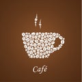 Brown coffee background with white insignia composed from shilouette of coffee beans.