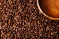 Brown coffee beans background with wooden dish Royalty Free Stock Photo