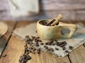 coffee beans on an oak table