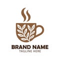 Brown coffee cup logo with steam and white leaves on white background Royalty Free Stock Photo