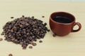 Brown coffee mug Close-up with coffee beans on a wooden background