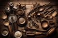 Brown color old utensils with vintage theme