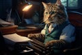 brown-colored domestic cat sitting comfortably at a desk in front of a vintage typewriter