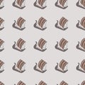 Brown colored snailing ships silhouettes seamless doodle pattern. Cartoon kids print on light grey background
