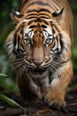 Brown colored tiger with black stripes looking towards camera and walking