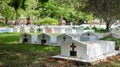 Brown concrete cross on tombstone in local graveyard concept is to remind people about death