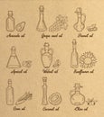 9 brown cooking oils in vintage sepia style.