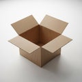 A brown corrugated cardboard box is open, with four flaps extending outward. The box\'s Royalty Free Stock Photo