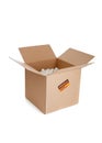 Brown corrugated, cardboard moving box on white