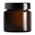 Brown cosmetic cream jar, black lid. Container