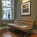 Brown couch is sitting in front of a window with a picture of a car on the wal Royalty Free Stock Photo