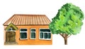 Brown country one-story house with a tree. watercolor illustration for design