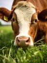 A brown cow grazes on a meadow and eats a young spring grass closeup. Royalty Free Stock Photo