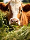 A brown cow grazes on a meadow and eats a young spring grass closeup. Royalty Free Stock Photo