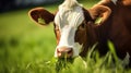 A brown cow grazes on a meadow and eats a young spring grass closeup. Royalty Free Stock Photo