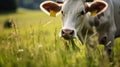 A brown cow grazes on a meadow and eats a young spring grass closeup. Royalty Free Stock Photo