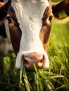 A brown cow grazes on a meadow and eats a young spring grass closeup. Royalty Free Stock Photo