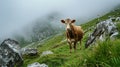 brown cow grazing on meadow in mountains. Cattle on a pasture Royalty Free Stock Photo