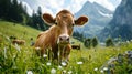 brown cow grazing on meadow in mountains. Cattle on a pasture Royalty Free Stock Photo