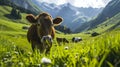 brown cow grazing on meadow in mountains. Cattle on a pasture Royalty Free Stock Photo