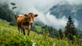 brown cow grazing on meadow in mountains. Cattle on a pasture Royalty Free Stock Photo