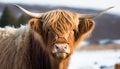 a brown cow with long horns standing in a field of snow Royalty Free Stock Photo