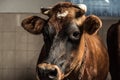 Brown cow looking at camera in stall Royalty Free Stock Photo