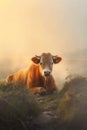 Brown cow lying on the grass in the foggy morning. Rural landscape.