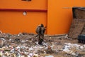 A brown cow standing in heaps of plastic waste and garbage