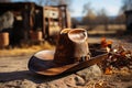 Brown cowboy hat, worn boots near vintage ranch wall Royalty Free Stock Photo